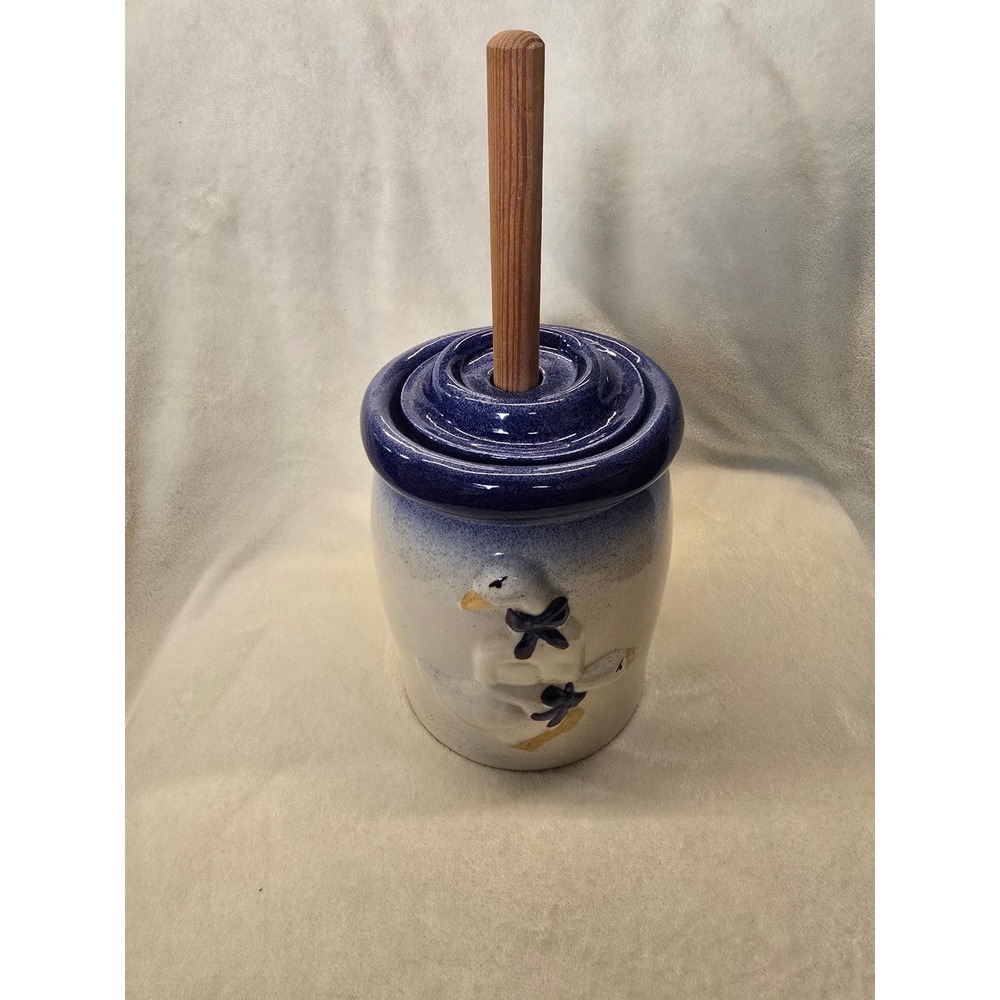 Vintage Goose Stoneware Butter Churn Crock Blue White Speckled with Wood Dasher